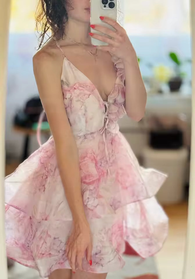 Backless Party Dress Women Elegant 3D Flower Print Sling Lace Up Ruffle A-line Mini Evening Dresses Female 2025 Summer Swimwears