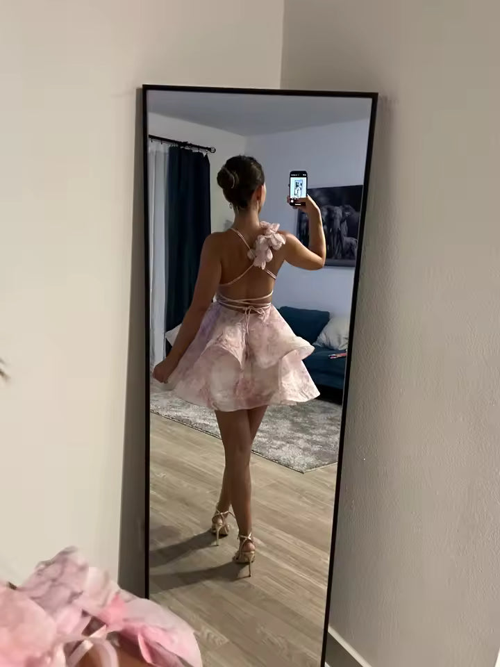 Backless Party Dress Women Elegant 3D Flower Print Sling Lace Up Ruffle A-line Mini Evening Dresses Female 2025 Summer Swimwears