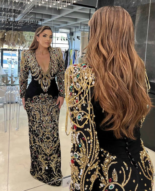 Dubai Black Heavy Beading Long Sleeves Evening Dresses Sexy Deep V Neck Arabic Pageant Dinner Party Gowns for Women Customized