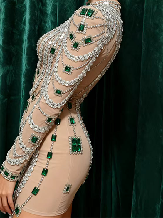 Luxurious Mini Dress Women Transparent Rhinestones Bodycon